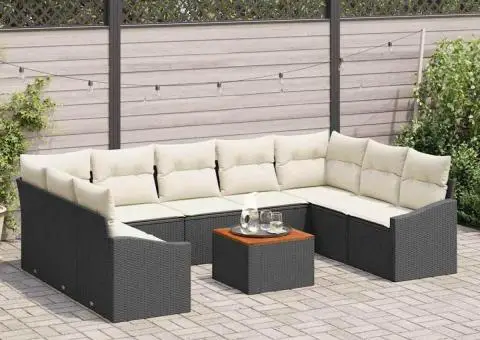 Set de canapea de grădină cu 10 piese, perne incluse, rattan negru, lemn de acacia - 3/5