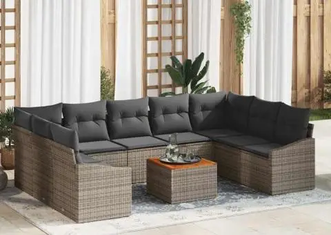 Set de canapea pentru grădină din 10 piese cu perne gri din rattan poli și lemn de acacia - 1/5