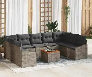 vidaXL Set de canapea pentru grădină din 10 piese cu perne gri din rattan poli și lemn de acacia