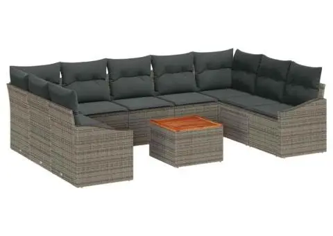 Set de canapea pentru grădină din 10 piese cu perne gri din rattan poli și lemn de acacia - 2/5