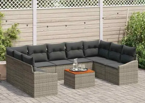 Set de canapea pentru grădină din 10 piese cu perne gri din rattan poli și lemn de acacia - 3/5