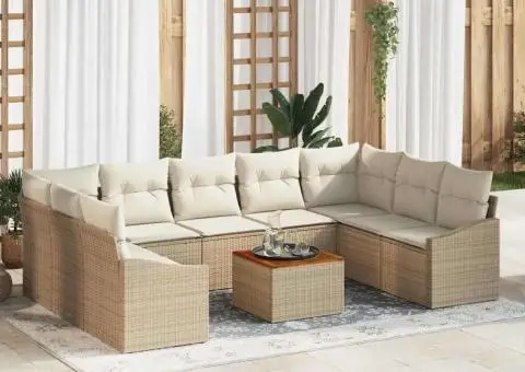 Set de canapele de grădină de 10 piese cu perne, din rattan sintetic beige, acacia - 1/5