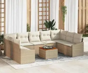 Set de canapele de grădină de 10 piese cu perne, din rattan sintetic beige, acacia