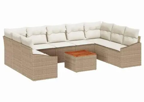 Set de canapele de grădină de 10 piese cu perne, din rattan sintetic beige, acacia - 2/5