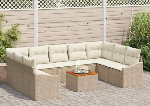 Set de canapele de grădină de 10 piese cu perne, din rattan sintetic beige, acacia - 3/5