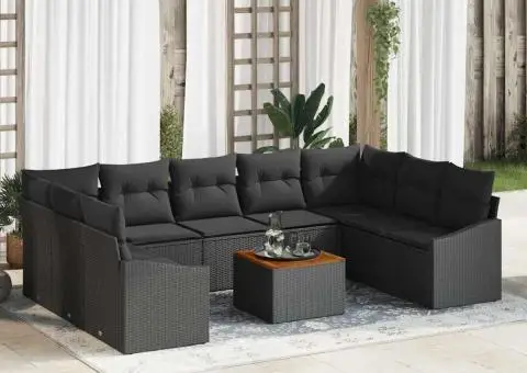 Set de canapea de grădină cu 10 piese, perne incluse, rattan poly negru și lemn de acacia. - 1/5