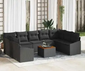 Set de canapea de grădină cu 10 piese, perne incluse, rattan poly negru și lemn de acacia.