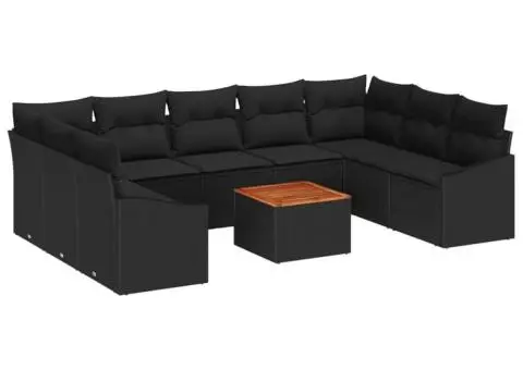 Set de canapea de grădină cu 10 piese, perne incluse, rattan poly negru și lemn de acacia. - 2/5