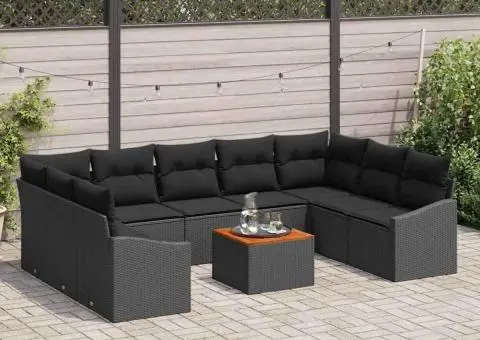 Set de canapea de grădină cu 10 piese, perne incluse, rattan poly negru și lemn de acacia. - 3/5