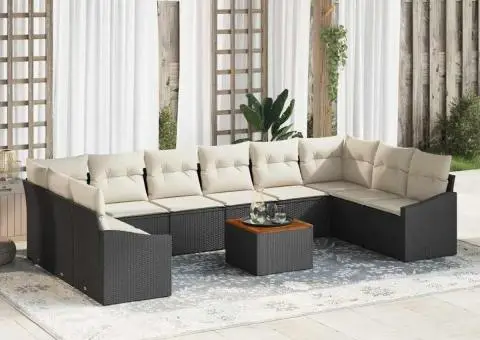 Set de canapea de grădină 11 piese cu perne, rattan negru, acacia - 1/5