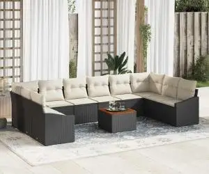 Set de canapea de grădină 11 piese cu perne, rattan negru, acacia