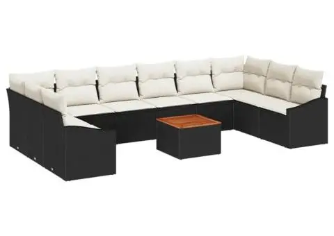Set de canapea de grădină 11 piese cu perne, rattan negru, acacia - 2/5