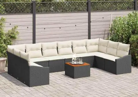 Set de canapea de grădină 11 piese cu perne, rattan negru, acacia - 3/5