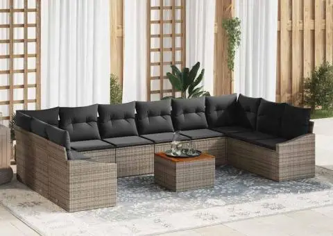 Set de Canapea pentru Grădină 11 Piese cu Perne Gri din Rattan și Acacia - 1/5