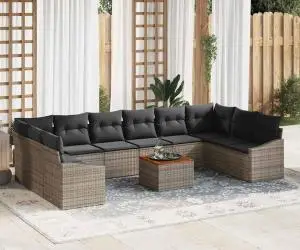 Set de Canapea pentru Grădină 11 Piese cu Perne Gri din Rattan și Acacia