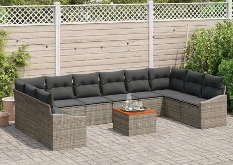 Set de Canapea pentru Grădină 11 Piese cu Perne Gri din Rattan și Acacia - 3/5