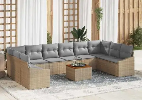 Set de canapea de grădină cu 11 piese, perne, rattan poli acacia bej. - 1/5