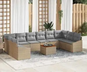 Set de canapea de grădină cu 11 piese, perne, rattan poli acacia bej.