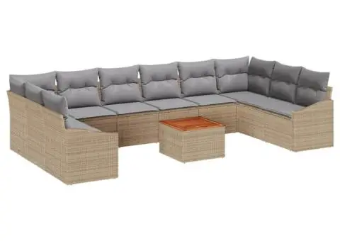 Set de canapea de grădină cu 11 piese, perne, rattan poli acacia bej. - 2/5