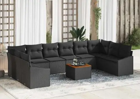 Set de canapele de grădină format 11 cu perne, ratan negru și acacia. - 1/5