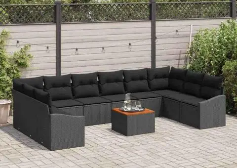 Set de canapele de grădină format 11 cu perne, ratan negru și acacia. - 3/5