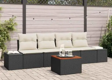 Set de mobilier pentru grădină, 5 piese cu perne, negru, din poliratan și acacia - 1/5