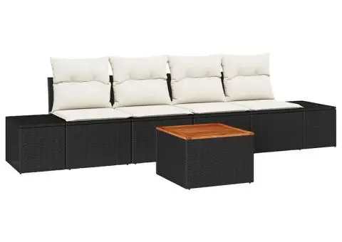 Set de mobilier pentru grădină, 5 piese cu perne, negru, din poliratan și acacia - 2/5