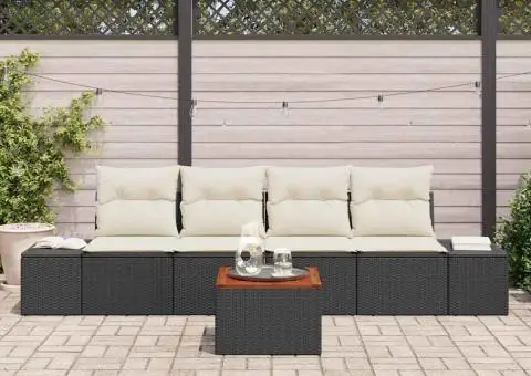 Set de mobilier pentru grădină, 5 piese cu perne, negru, din poliratan și acacia - 3/5