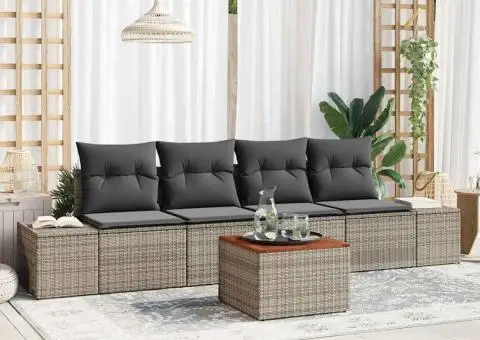 Set de canapea de grădină 5 piese cu perne gri, din ratan poli și lemn de acacia. - 1/5