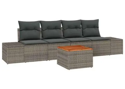 Set de canapea de grădină 5 piese cu perne gri, din ratan poli și lemn de acacia. - 2/5