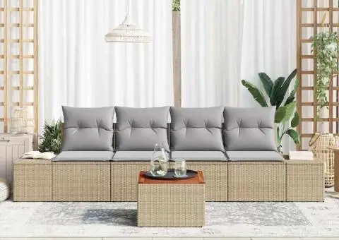 Set de canapea de grădină cu 5 piese, perne bej din ratan sintetic. - 3/5