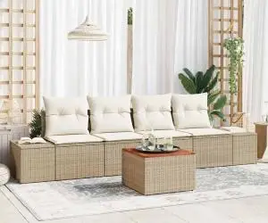 vidaXL Set de canapele pentru grădină cu 5 piese, perne bej din rattan poliesteric și acacia