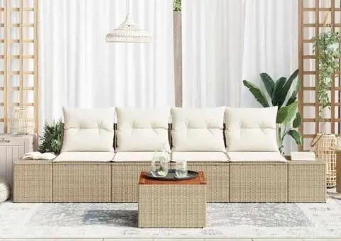 Set de canapele pentru grădină cu 5 piese, perne bej din rattan poliesteric și acacia - 3/5