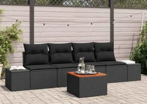 Set de canapea de grădină cu 5 piese și perne, din rattan sintetic negru, lemn de acacia - 1/5