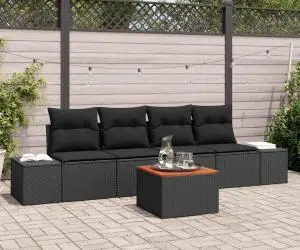 vidaXL Set de canapea de grădină cu 5 piese și perne, din rattan sintetic negru, lemn de acacia