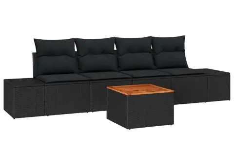 Set de canapea de grădină cu 5 piese și perne, din rattan sintetic negru, lemn de acacia - 2/5