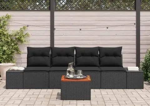 Set de canapea de grădină cu 5 piese și perne, din rattan sintetic negru, lemn de acacia - 3/5