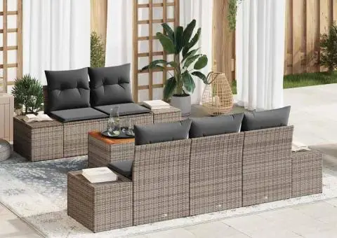 Set de canapele de grădină , 6 piese, cu perne, ratan gri, acacia - 1/5