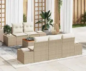 Set de canapea de grădină, 6 piese, cu perne crem din ratan poly, bej