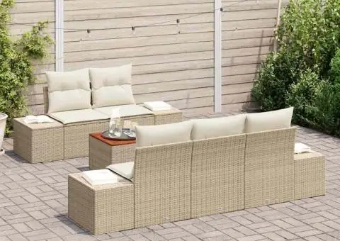 Set de canapea de grădină, 6 piese, cu perne crem din ratan poly, bej - 3/5