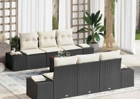 Set canapea grădină, 7 piese cu perne, rattan negru și acacia - 1/5