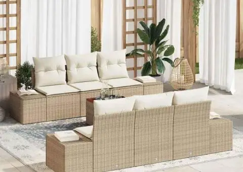 Set de canapea pentru grădină cu 7 piese și perne bej din ratan polițat și lemn de acacia. - 1/5