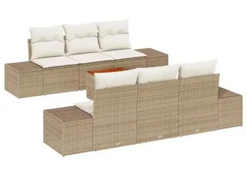 Set de canapea pentru grădină cu 7 piese și perne bej din ratan polițat și lemn de acacia. - 2/5