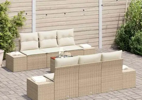 Set de canapea pentru grădină cu 7 piese și perne bej din ratan polițat și lemn de acacia. - 3/5