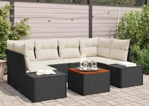 Set de canapea de grădină cu 7 piese și pernuțe, negru, din rattan și acacia. - 1/5