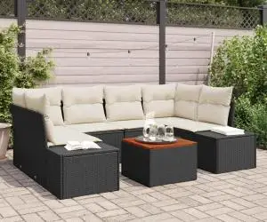 vidaXL Set de canapea de grădină cu 7 piese și pernuțe, negru, din rattan și acacia.
