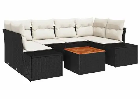 Set de canapea de grădină cu 7 piese și pernuțe, negru, din rattan și acacia. - 2/5