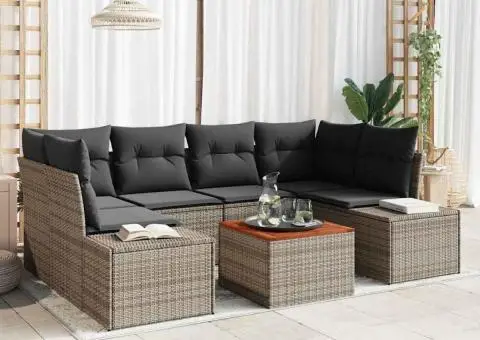 Set de canapele de grădină 7 piese cu perne, gri din rattan sintetic, lemn de acacia - 1/5