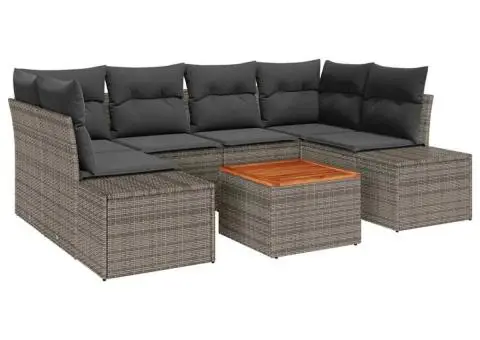 Set de canapele de grădină 7 piese cu perne, gri din rattan sintetic, lemn de acacia - 2/5