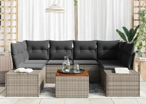 Set de canapele de grădină 7 piese cu perne, gri din rattan sintetic, lemn de acacia - 3/5